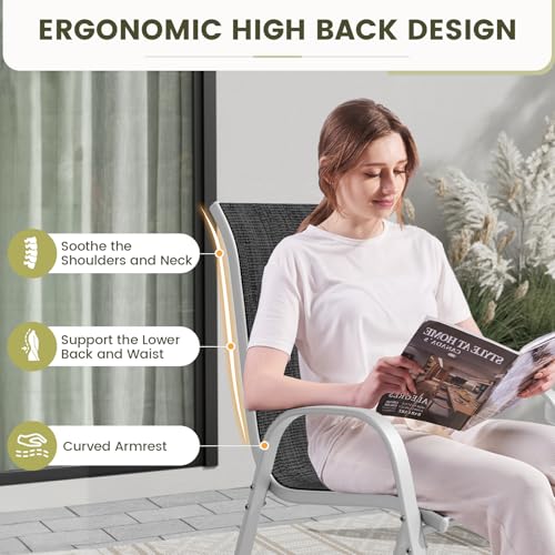 Image of UDPATIO Patio Chairs Set of 6, Stackable Silver Outdoor Dining Chairs with High Back, Breathable Textilene Fabric Outdoor Chair All Weather, 350LBS Capacity for Garden, Backyard (Black)
