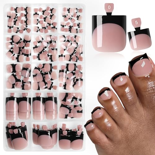 150pc Black French Tips Press on Toenails Women Fake Toe Nail Press ons French Acrylic Toenail Press-on Toes Nails Brown Fake Toenails Glue on Toe Nail Tips Pedicure False Nails for Feet 15 Sizes