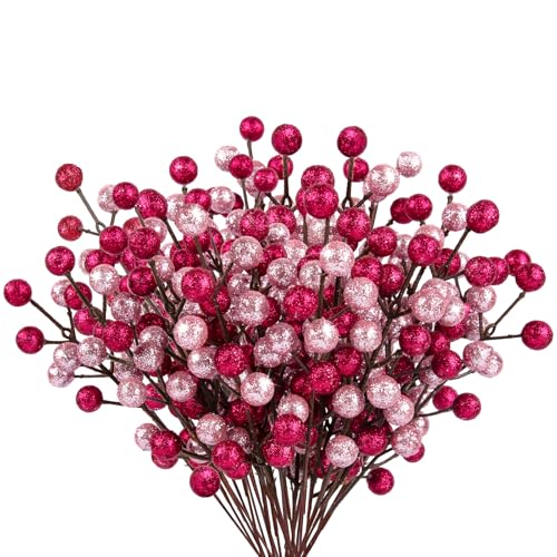 24Pack Glitter Magenta Rosa Beeren Stiele, Künstliche Holly Beeren Zweige Deko Weihnachten für Christbaumschmuck Weihnachtsdeko Adventskranz Deko Weihnachtsgirlande Türkranz Weihnachten Ornamente