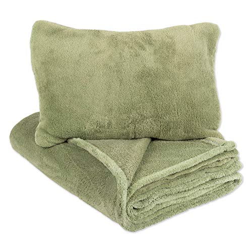 DII Reversible Plush Fleece Blanket Sets, Great for Home, Travel and Camping, Blanket/Pillow Set, Capulet Olive 2 Piece