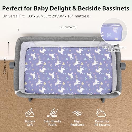 Image of Baby Bedside Bassinet Sheets Fitted Girl, 33 inchx20 inch Compatible with Baby Delight Dream On Me & Most Rectangle Bedside Sleeper Bassinet Mattresses, Super Soft Microfiber Pink Purple Rainbow