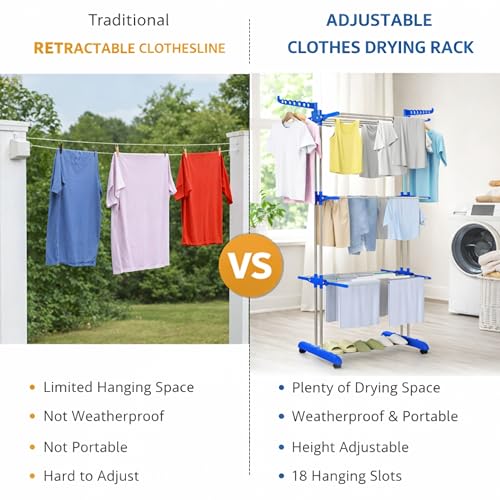 Image of JIALTO Heavy Duty Foldable Clothes Drying Rack for Laundry | 3-Tier Garment Hanger Stand with Wheels | Indoor Outdoor Use | Adjustable Shelves & Arms for Towels, Shirts, Pants