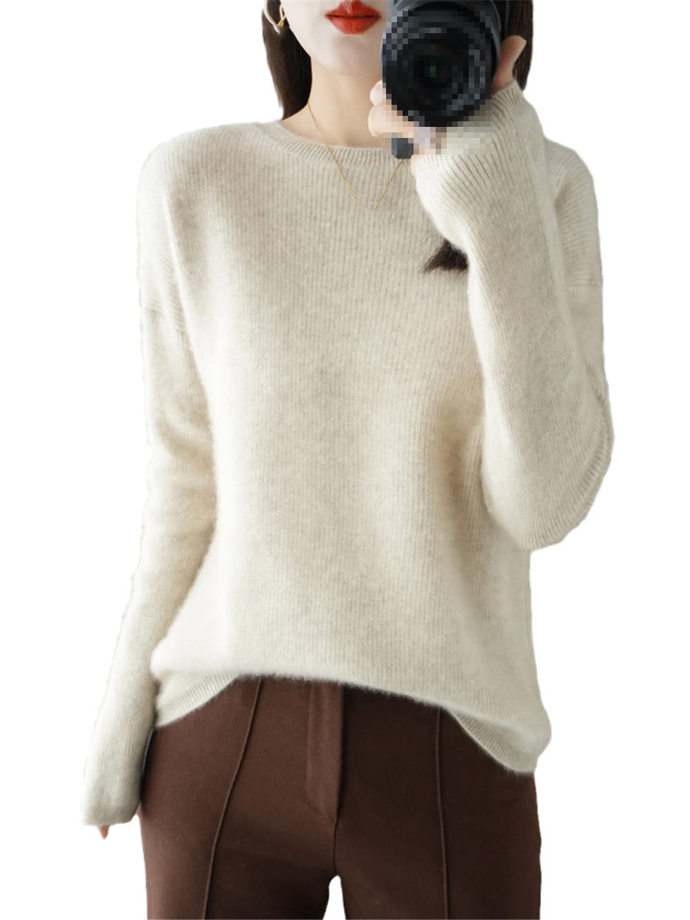 Youllyuu 100% Kaschmir Pullover Damen O-Neck Pullover Sweater Dicker Strickpullover Tops