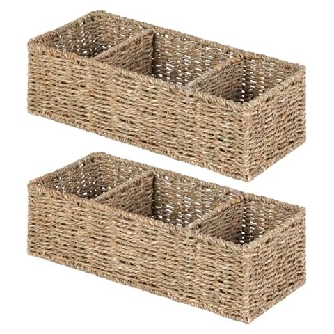 OEHID Wicker Toilet Basket Tank Topper Wicker Small Baskets, Wicker Storage Basket Toilet Paper Basket for Toilet Tank Top Seagrass Storage Basket, Bathroom Basket for Shelves with 3-Section, 2 Pack Cover