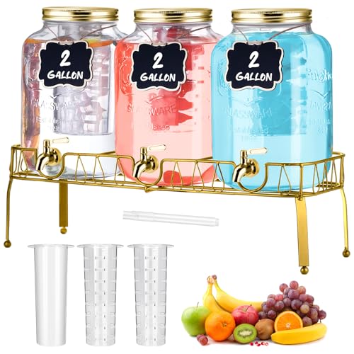 Lallisa 3 Pcs 2 Gallon Glass Drink Dispenser with Stand and Lid Mason Jar Beverage Dispenser with Stainless Steel Spigot, Hanging Chalkboard Signs, Fruit Infuse, Ice Cylinder, Liquid Pen (Gold)