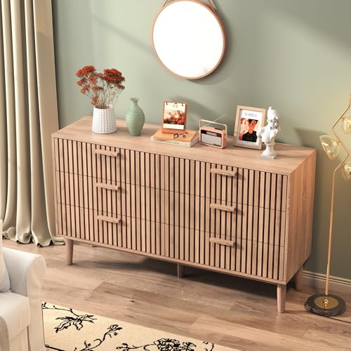 UnboxGermany Commode avec 6 Tiroirs 137cm, Moderne en Bois et Rotin, Meuble de Rangement Multifonction pour Chambre, Salon ou Couloir, 137 x 40 x 80 cm, Naturel