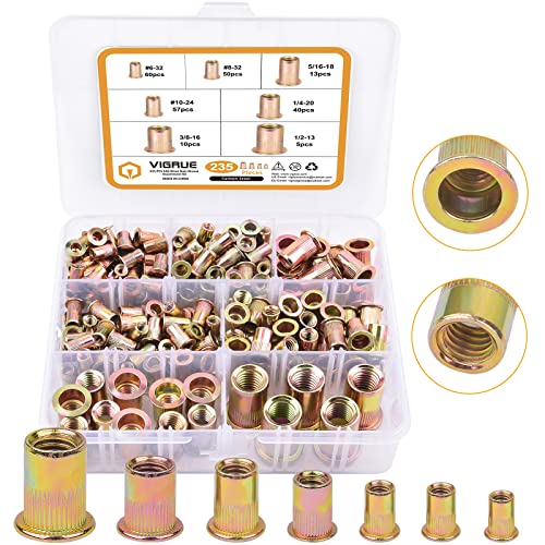 VIGRUE 235pcs #6-32#8-32#10-24 1/4'-20 5/16'-18 3/8'-16 1/2-13 Carbon Steel UNC Rivet Nuts Rivnut Assortment Kit, Yellow Zinc Plated Finish, Flat Head Threaded Insert Nutserts Assort