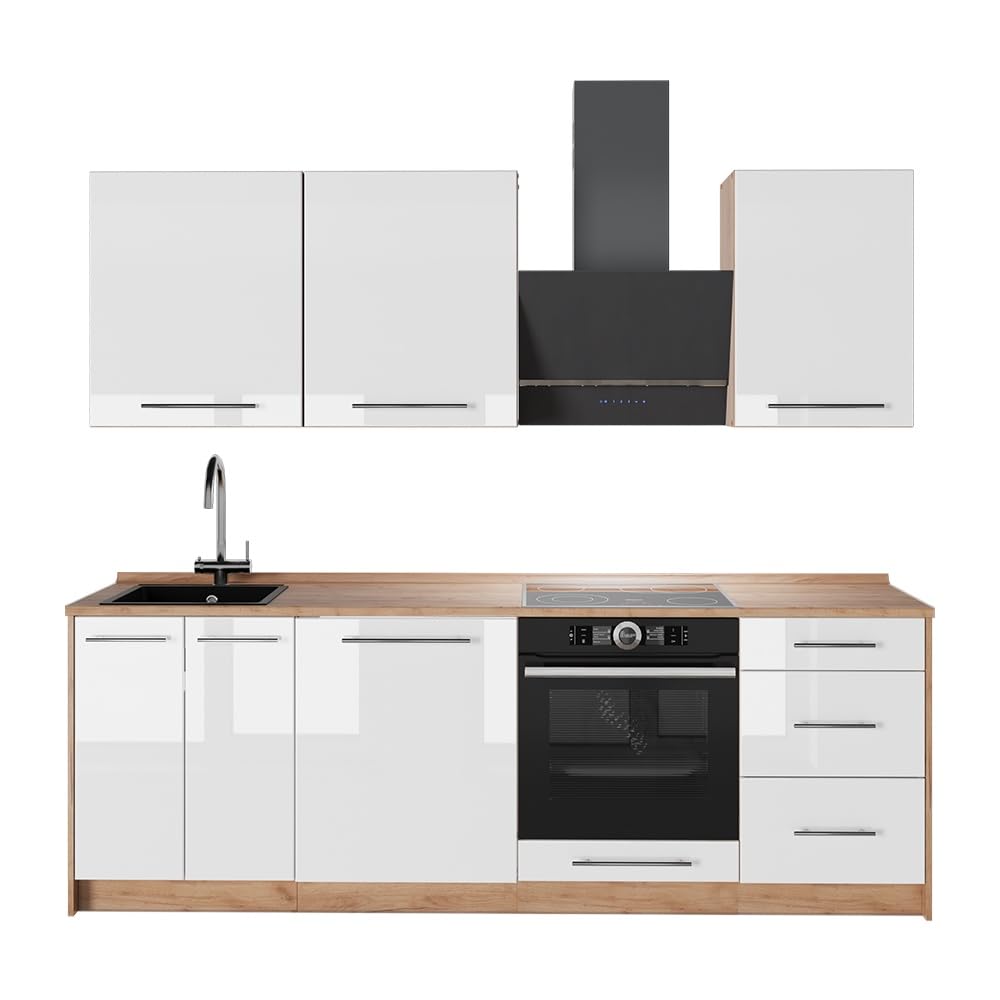 Vicco Küchenzeile Fame-Line, Weiß Hochglanz/Goldkraft Eiche, 230 cm