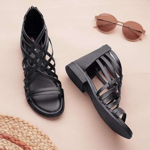 Image of TRASE Gladiator Sandals With Zip Closure Flats For Woman And Girls - Women Sandals - Stylish And Trendy Strappy Design Flat Footwear For College, Office And Beach Wear