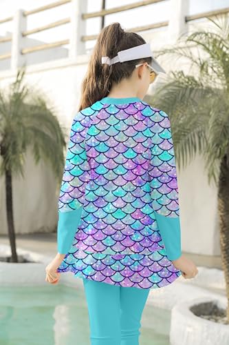 Image of Girls Long Sleeve Rashguard Half Zip Swimsuits UPF 50+ Two Piece Swim Sets with Hairband 5-12Y | Two Piece Swim Sets with Hairband