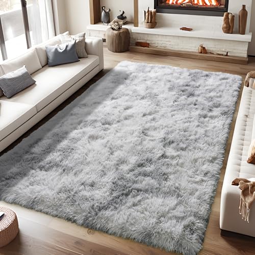 KING DARE Fuzzy Rugs for Bedroom 8x10, Ultra Soft Large Shag Living Room Area Rug Fluffy Carpet,Non-Slip Plush Modern Floor Rug for Kids Boys Girls Room Home Decor Aesthetic, Tie-dye Grey