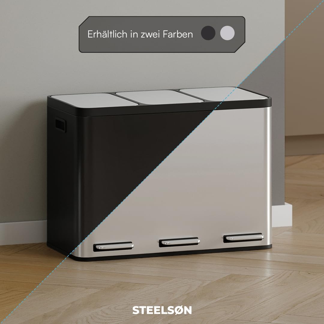 STEELSØN Epsilon Mülleimer 3x15L, 3 Fächer, aus Edelstahl in Silber | Mülltrennsystem Küche, Tretmülleimer mit Soft-Close-Deckel, Abfalleimer + herausnehmbaren Inneneimern für Recycling/Restmüll