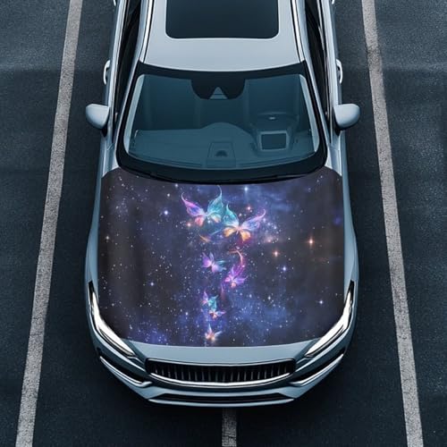Image of Galaxy Butterfly Car Hood Cover Polyester Elastic Fabrics Can be Washed Suitable for SUV Trucks Universal for Cars