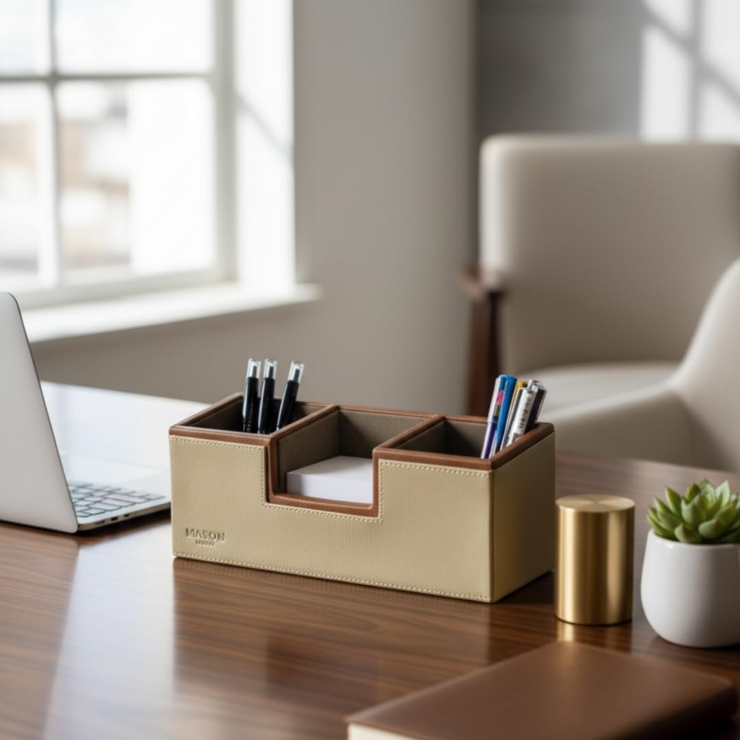 MASON HOME Imperial Napels Vegan Leather Accessories Desk Organiser - 1pc - L 27" x B 10" x H 10" | Home - Office - Table - Desk | Pen - Pencil - Stationery - Accessories | Organizer | Stand | Holder