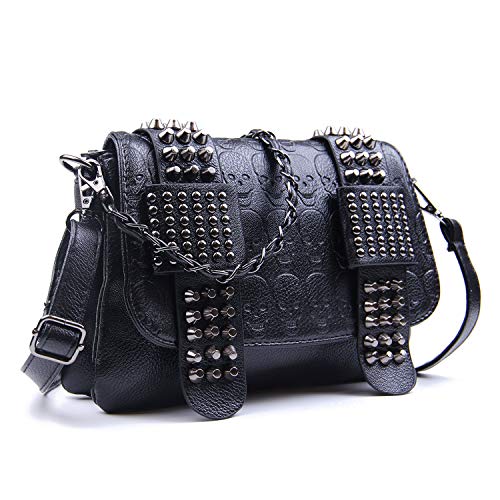 SUKUTU Womens Punk Skull Rivet Shoulder Bag PU Leather Goth Crossbody Bag with Chain Wallet Purse for Girls3
