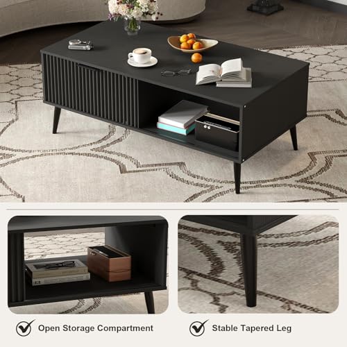 Coffee Table with Storage, Wooden Coffee Tables with Sliding Door and Solid Wood Legs, 2-Tier Cocktail Table, Mid Century Modern Coffee Table for Living Room, Home, Office, Farmhouse, Black