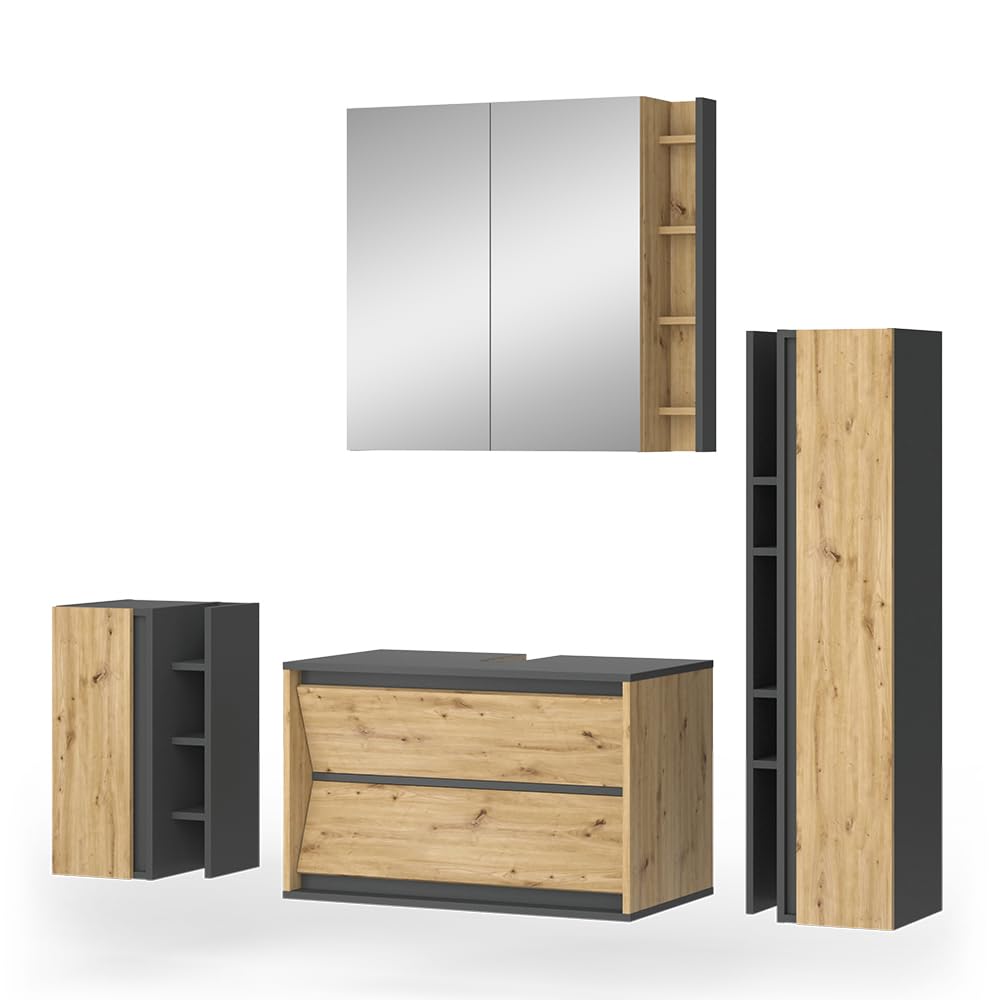 Vicco Set di mobili da bagno Edelin, Antracite/​Artisan, 80 cm, composto da mobile sottolavabo, specchiera, armadio medio e pensile