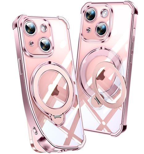 Image of Soft Case for iPhone 15 with 360 Rotating Magnetic Stand, Compatible with Mag-Safe, 4X MIL-Drop Protection, Lightweight Glossy Anti-Yellowing Clear Back Phone Cover for iPhone 15 6.1 inch, Pink
