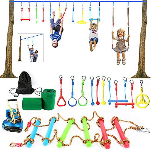 American Ninja Warrior Obstacle Course for Kids - 50FT Ninja Slackline Kit with 10 Accessories Climbing Net, Swing, Ladder, Monkey Bars, Gym Rings, Ninja Wheel, Rope Knots - Ninja Course for Kids