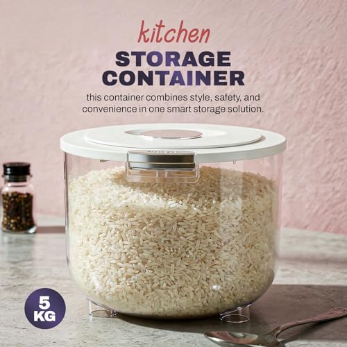 Image of Zuhi Airtight Rice Storage Dispenser Container | Moisture-Proof BPA-Free Food Storage Jar for Rice, Cereals, Grains & Pulses | Transparent Grocery Container with Flip Lid & Measuring Cup (5 Kg)