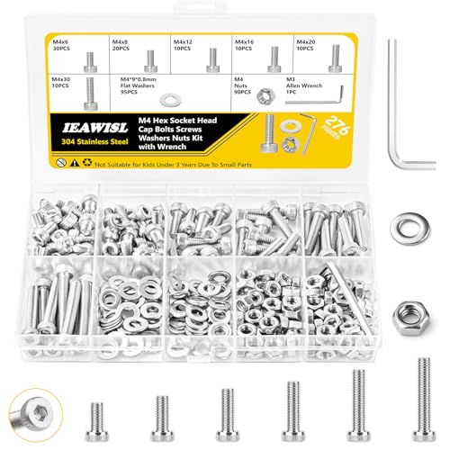 IEAWISL 276PCS M4 Nut and Bolt 6-30mm Hex Socket Cap 304 SS for DIY