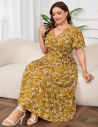 Image of ShopWonder Womens Plus Size V Neck Wrap Maxi Dress High Waist Ruffle Summer Casual Dress with Belt