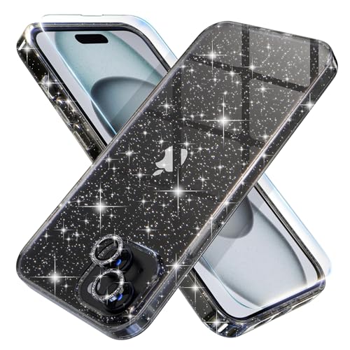 Coque iPhone 15 Plus transparente pailletée noir avec protection écran verre