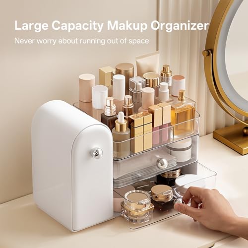Image of HBlife Makeup Organizer Countertop with Drawers, Vanity Organizers with Brush Holder, Bathroom Counter Organizer for Perfume, Nail Polishes, Lipsticks, Skincare and Eyeshadow Palettes, White Sliver