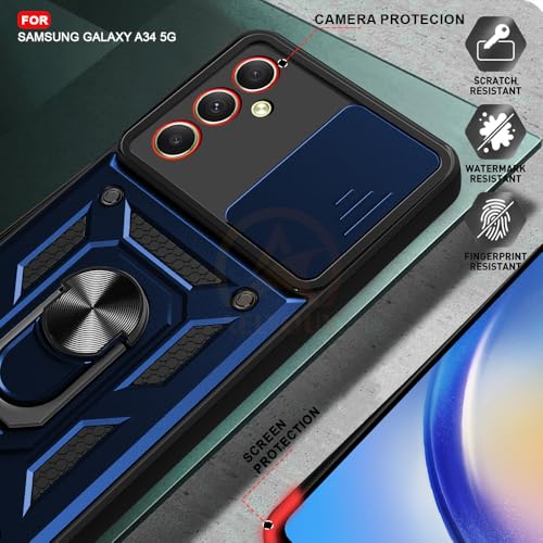 Image of Armor Bumper Back Cover Case for Samsung A34 5G Rotating Camera Cover, Ring Holder & Kickstand | Heavy Duty & 360 Degree Protection Samsung A34 5G Back Cover (Blue)