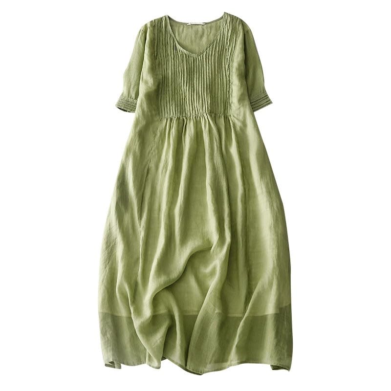 Kleider für Damen, Sommerkleid, Retro, Rundhalsausschnitt, bestickt, ethnisch, elegant, gerafft, Lagenkleid, Damen-Sommerkleider, grün, M