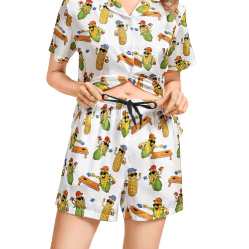 Image of Funny Satin Pajamas Set for Women Button Down Sleepwear Print Pjs Set 2 Piece Short Sleeve Loungewear Gift for Women