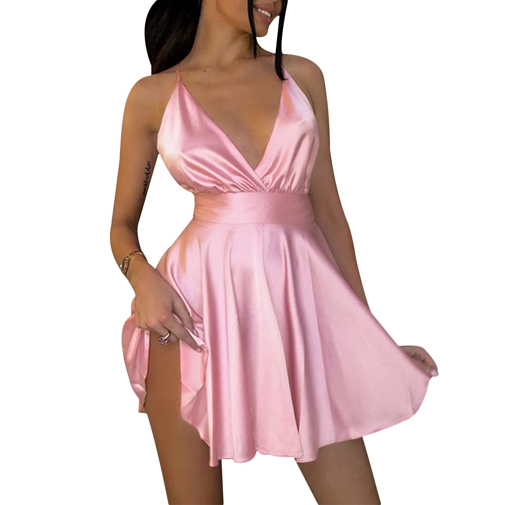 VERYCOWomen's Sexy Spaghetti Strap Dress Silky Deep V Neck Backless Dresses