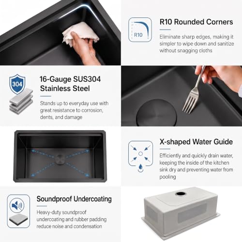 Image of LQS 30 Inch Kitchen Sink, Black Undermount Kitchen Sink, Large Deep Black Workstation Single Bowl Sinks, 16 Gauage T304 Stainless Steel Material, Smart Workstation Ledge With Pratical Accessories