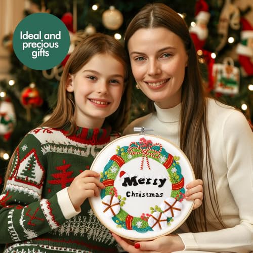 Image of wtisan Christmas Embroidery Kit, Cross Stitch Kits for Beginners, Needlepoint with All Tools & Instructions, Stamped Hand Embroidery Starter Kit for Holiday Crafts & Xmas Home Decor, W19