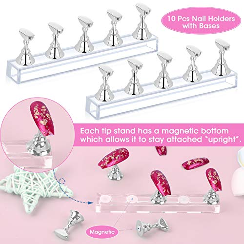Acrylic Nail Holder Stands, Flasoo Magnetic Press On Nail Practice Stands Set Including Nail Tip Holders, Crystal Nail Stand Bases, Clear Acrylic Fake Nail And Reusable Adhesive Putty (Silver) #TOP2