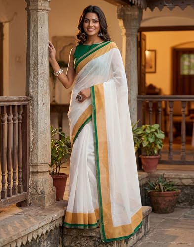 Image of SIRIL Women's Printed Cotton Linen One Minute Ready to Wear Saree With Unstitched Blouse Piece