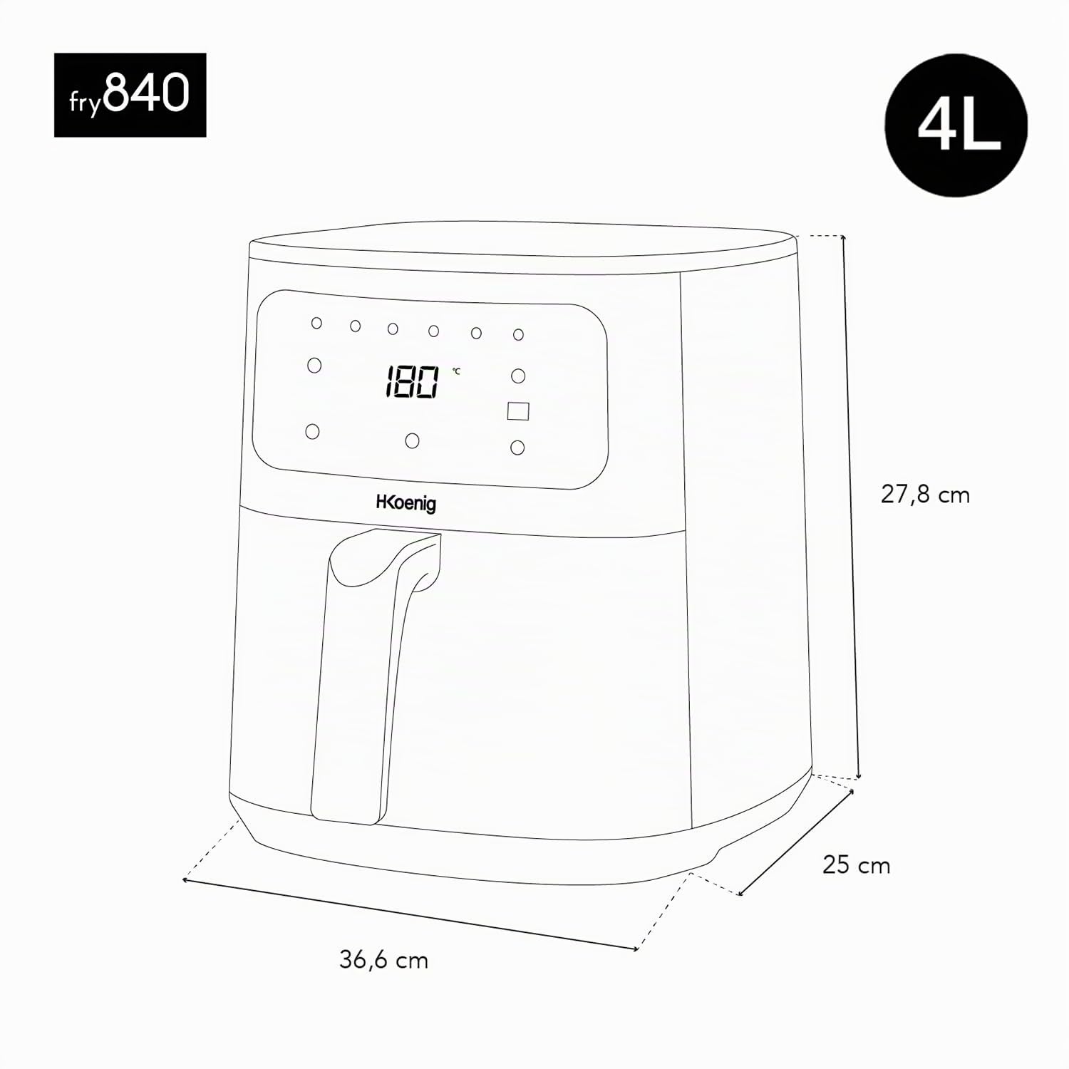 H.Koenig Freidora de aire FRY840, Capacidad 4L, Cocina hasta 6 personas, Ajustable 80-200°C, 5 Modos de Cocción, Temporizador 60min, 5 Programas, Pantalla Táctil