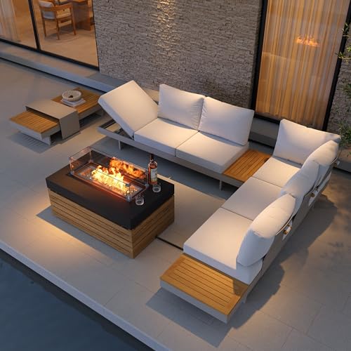 homary Patio Conversation Sets with Fire Pit-Modular Outdoor Sofa Aluminum & Teak Outdoor Sofa Se with Glass Wind Guard Ideal for Patios & Balconies, Light Gray