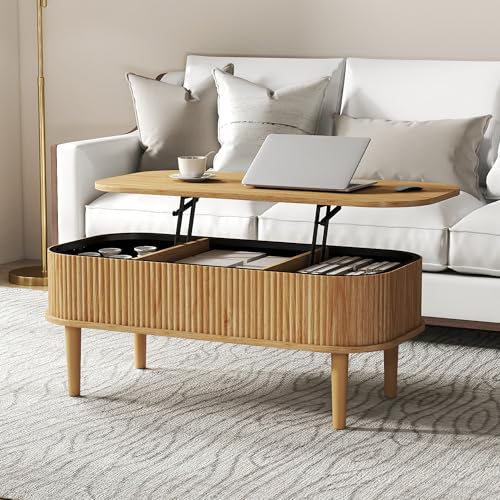 Fluted Lift Top Coffee Table with Hidden Storage, Oval Coffee Table with Lifting Top, Mid Century Modern Design for Living Room, Office & Small Spaces(Natural)