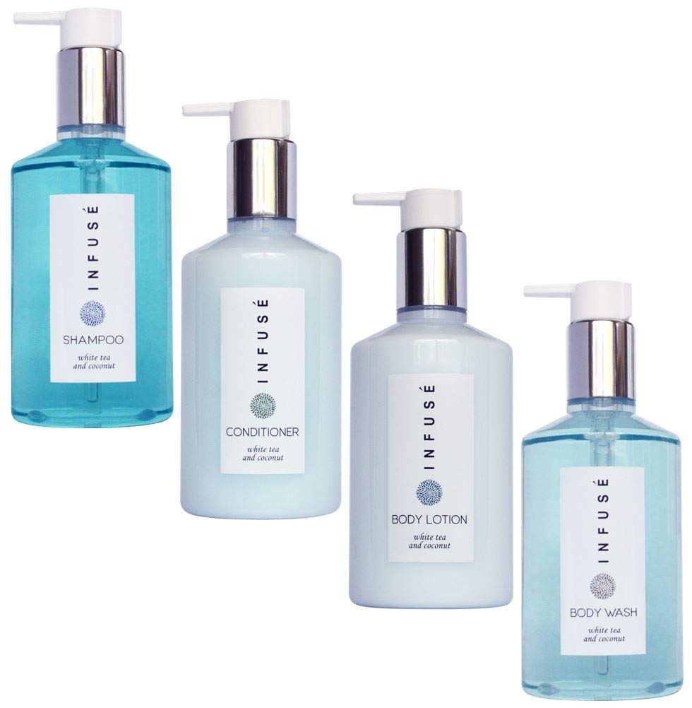 Terra PureH2O Tropical Infuse Amenities Set,10.14 oz. Pumps (1 of Each) Shampoo, Conditioner, Hand/Body Wash, and Lotion