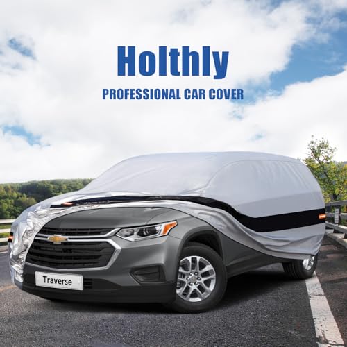 Image of Holhtly Car Cover Custom Fit for Chevrolet Traverse, Car Covers for Automobiles All Weather Waterproof Sun Snow Rain Wind Dust Protection, Outdoor Car Cover Gray & Black