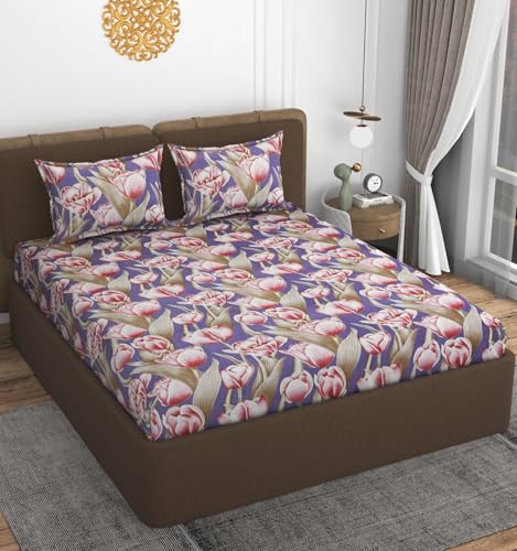 Image of VOMZER 320 TC Cotton Feel All Around Elastic Fitted Bedsheets Double Queen Size, Premium Elastic Fitted King Size Bed Sheet for Double Bed with 2 Pillow Covers, Size- 72 inch x 72 inch