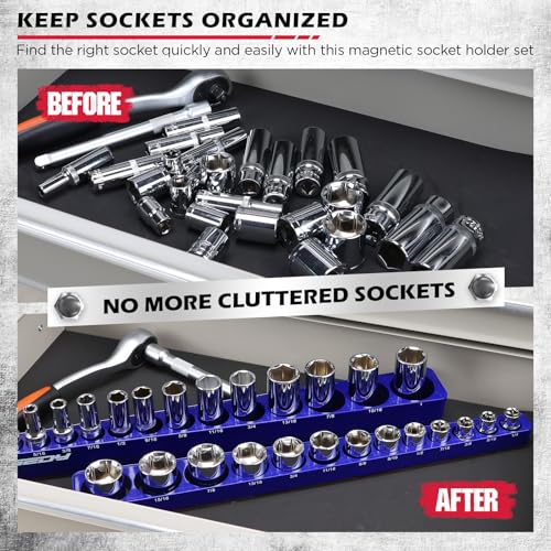 2-Piece 3/8"-Drive SAE Magnetic Socket Organizer Set (Holds 26 Sockets) - Detachable Tool Tray with 5mm Magnetic Base, Screw-Fixed Design & Heavy-Duty Modular Storage for Garage/Home Workshop