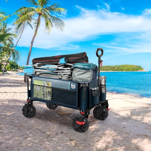 Image of Timber Ridge Collapsible Wagon with Brakes Utility Folding Cart Heavy Duty All Terrain Wheels for Outdoor Shopping Camping Sports Garden with Side Bag and Cup Holders, Blue