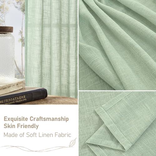 LAMIT 40 Inch Length Linen Curtains for Small Windows, Semi Sheer Light Filtering Panels Back Tab and Rod Pocket Neutral Drapes for Basement/Window/Loft Room, Fresh Green, 2 Panels, 34 x 40 Inch