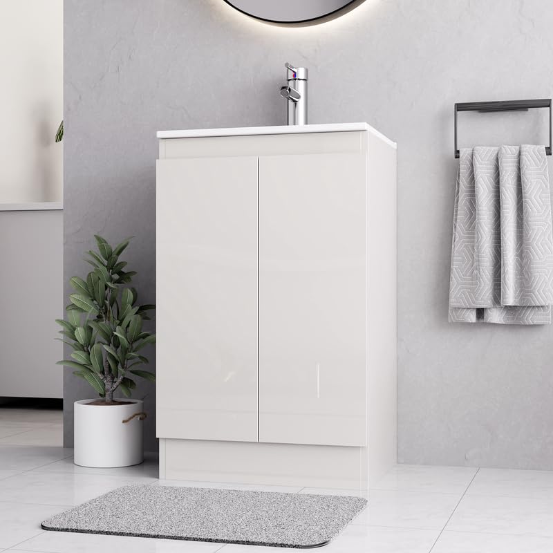 BELOFAY Denvor White 500mm Floor Standing Bathroom Vanity Unit With Basin - Laquered Cloakroom Vanity Unit with 1 Tap Hole Ceramic Basin and Soft Close Hinges,WASTE INCLUDED