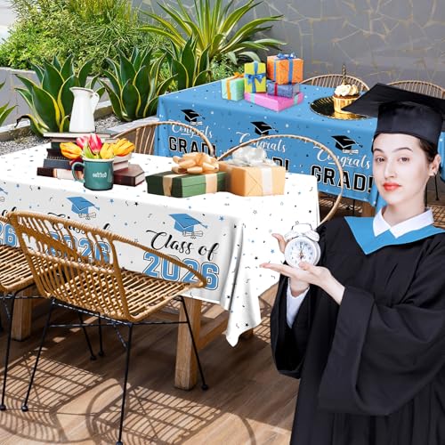 Image of 2026 Graduation Decorations,Congrats Grad Tablecloth 2pcs White Teal Class of 2026 Table Covers Rectangle for Graduation Party Supplies,108x54inch (Sky Blue)