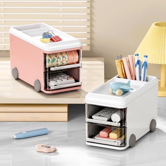 IMPRONOW Cartoon Bus-Shaped Desk Organizer – Multipurpose Tabletop Storage Box for Office, Dorm & Home | Cute Pink Display Stand for Cards, Makeup, Stationery & Desk Accessories - White 2
