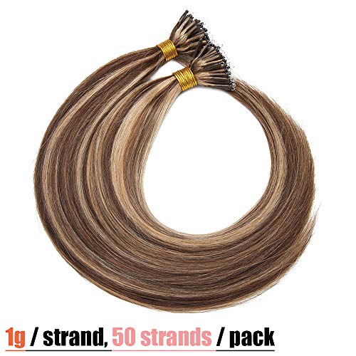 Elailite Hair Extensions Real Human Hair Nano Ring Nano Beads Hair Extension 50 Strands 50g Cold Fusion Straight Balayage (#4/27 Medium Brown Mix Dark Blonde - Image 2