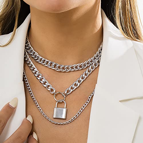 Jumwrit Chunky Chain Necklace Punk Layered Choker Necklaces Cuban Link Chain Necklace with Lock Pendant Necklace Statement Necklace for Women and Girls2